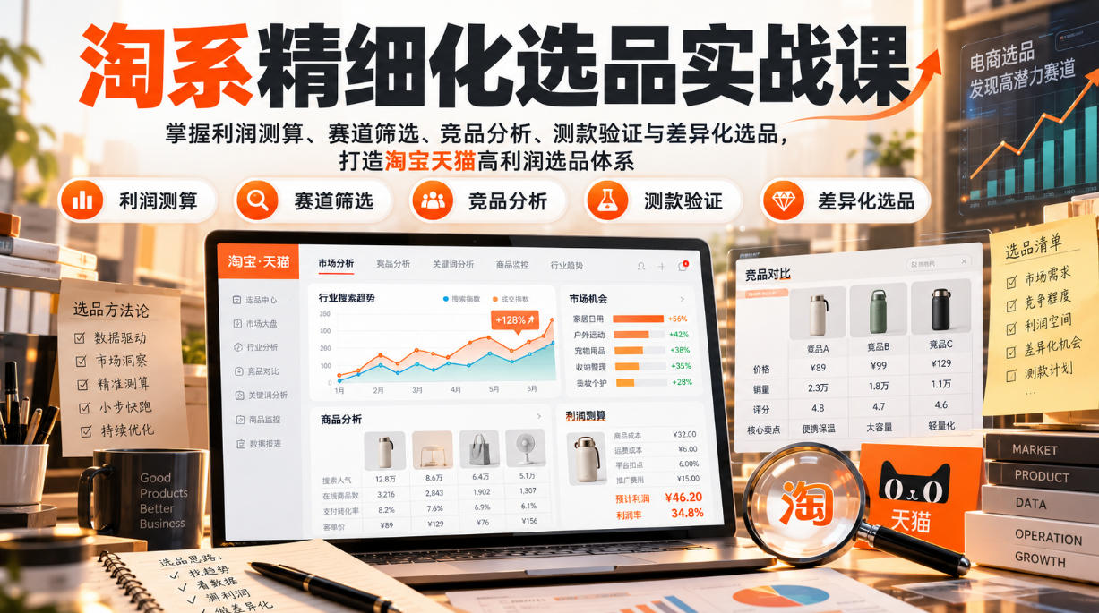 货架电商精细化选品实战课：掌握利润测算、赛道筛选、竞品分析、测款验证与差异化选品，打造淘宝天猫高利润选品体系-网创之家