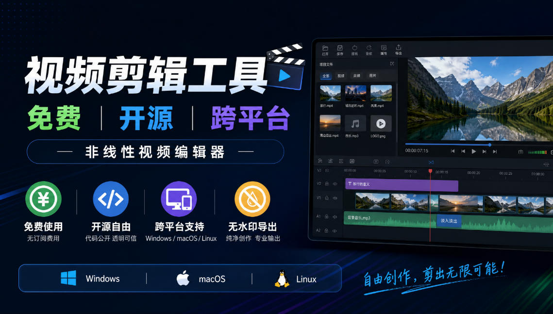 视频剪辑工具，免费、开源、跨平台，非线性视频编辑器，支持Windows、macOS、Linux，无水印、无订阅费用-网创之家
