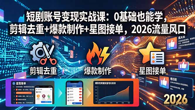 短剧账号变现实战课：0基础也能学，剪辑去重+爆款制作+星图接单，2026流量风口-网创之家