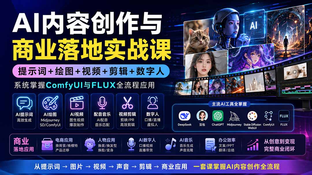 AI内容创作与商业落地实战课：提示词+绘图+视频+剪辑+数字人，系统掌握ComfyUI与FLUX全流程应用-网创之家