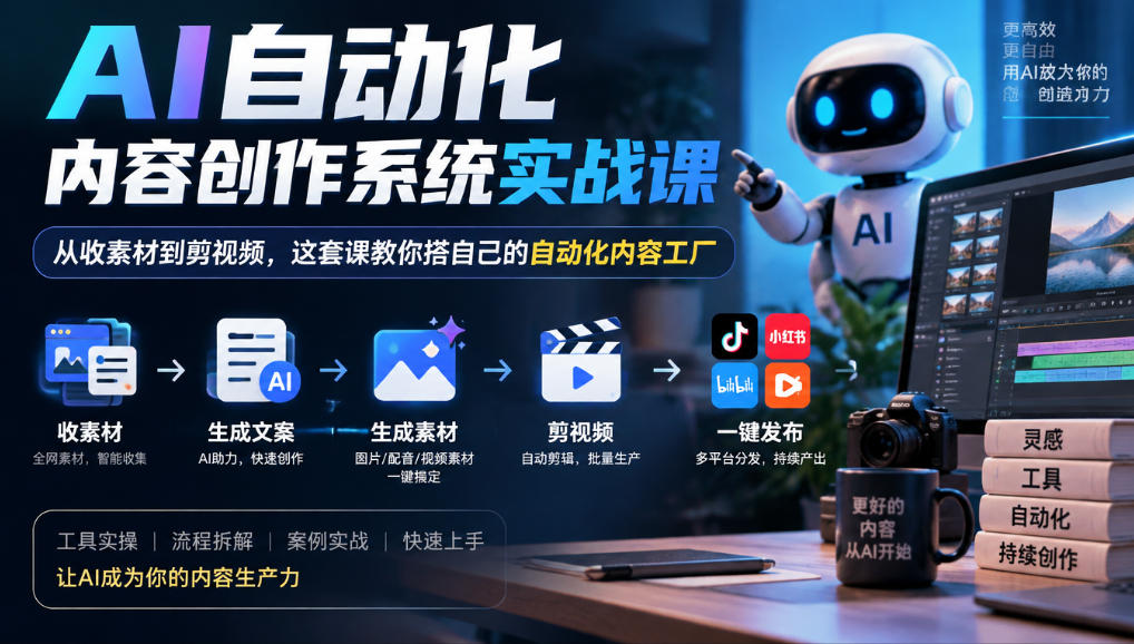 AI自动化内容创作系统实战课，从收素材到剪视频，这套课教你搭自己的自动化内容工厂-网创之家