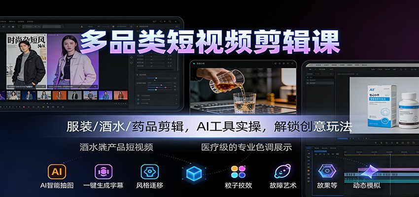 多品类短视频剪辑课：服装/酒水/药品剪辑，AI工具实操，解锁创意玩法-网创之家