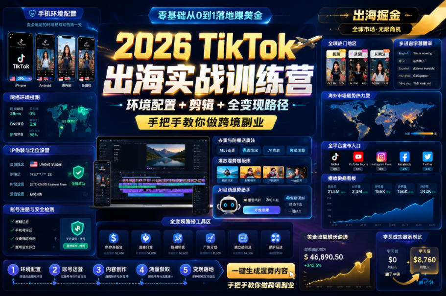 2026 TikTok出海实战训练营，环境配置 + 剪辑 + 全变现路径，手把手教你做跨境副业-网创之家