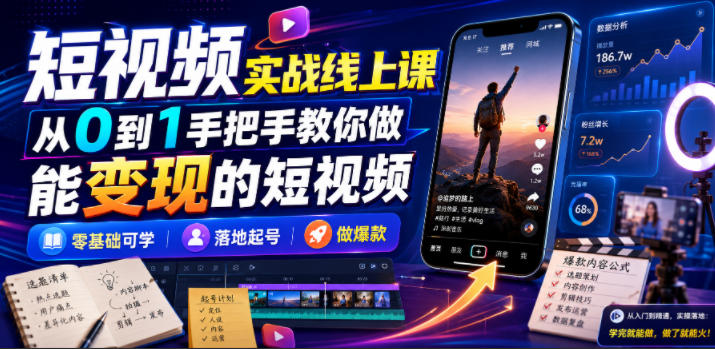 短视频实战线上课，从0到1手把手教你做能变现的短视频，零基础可学，落地起号做爆款-网创之家