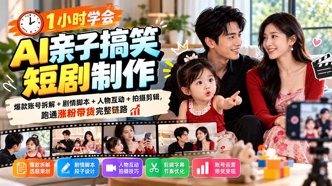 1小时学会AI亲子搞笑短剧制作：爆款账号拆解+剧情脚本+人物互动+拍摄剪辑，跑通涨粉带货完整链路-网创之家