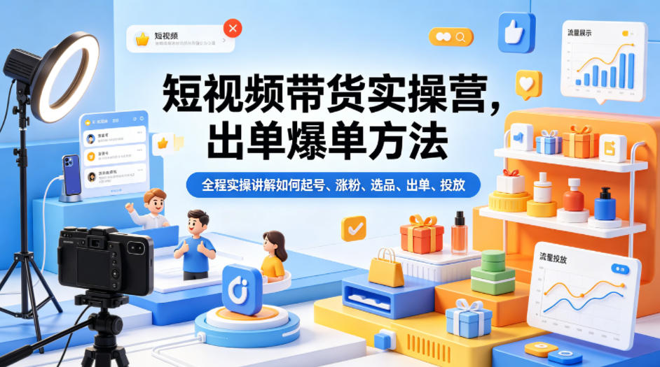 短视频带货实操营，出单爆单方法，全程实操讲解如何起号、涨粉、选品、出单、投放-网创之家