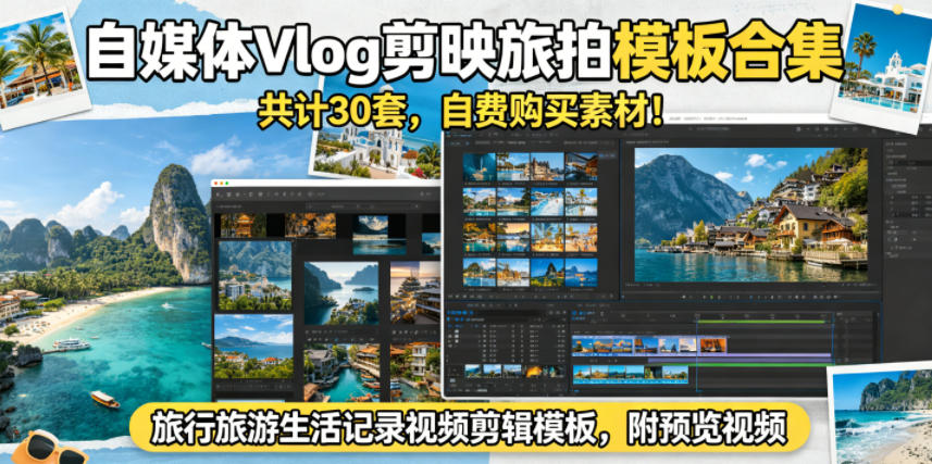 自媒体Vlog剪映旅拍模板合集，共计30套，自费购买素材！旅行旅游生活记录视频剪辑模板，附预览视频-网创之家