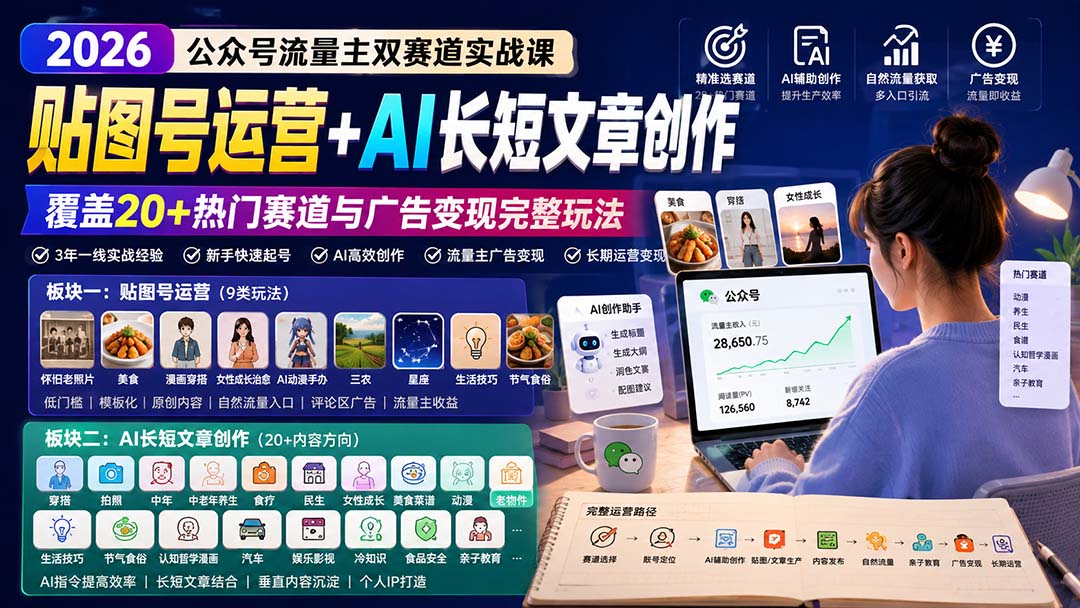公众号流量主双赛道实战课：贴图号运营+AI长短文章创作，覆盖20+热门赛道与广告变现完整玩法-网创之家