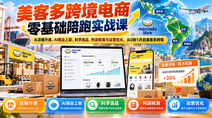 美客多跨境电商零基础陪跑实战课：从店铺开通、AI商品上架、科学选品、利润核算与运营优化，从0到1开启美客多跨境-网创之家