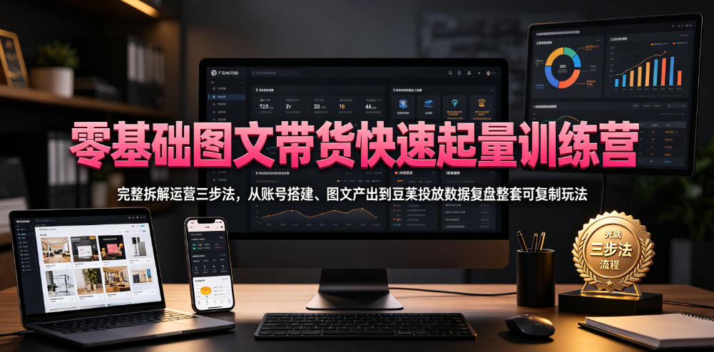 零基础图文带货快速起量训练营，完整拆解运营三步法，从账号搭建、图文产出到豆荚投放数据复盘整套可复制玩法-网创之家