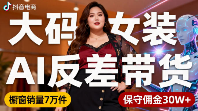 抖音小众赛道，大码女装AI反差带货，不用直播，每天6条作品，橱窗卖7万件，保守佣金30W+-网创之家
