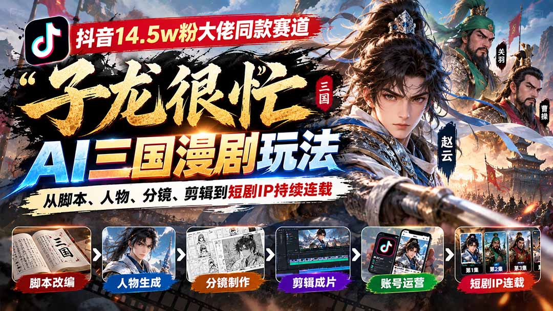 抖音14.5w粉大佬同款赛道「子龙很忙」AI三国漫剧玩法：从脚本、人物、分镜、剪辑到短剧IP持续连载-网创之家