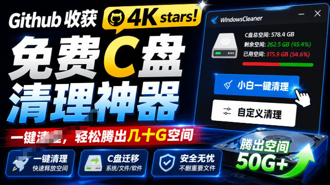 Github收获4K stars！免费C盘清理神器，轻松腾出几十G空间，支持C盘迁移Windows Cleaner-网创之家