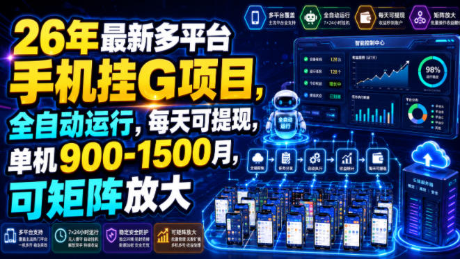 26年最新多平台手机挂G项目，全自动运行，每天可提现，单机900-1500月，可矩阵放大【揭秘】-网创之家