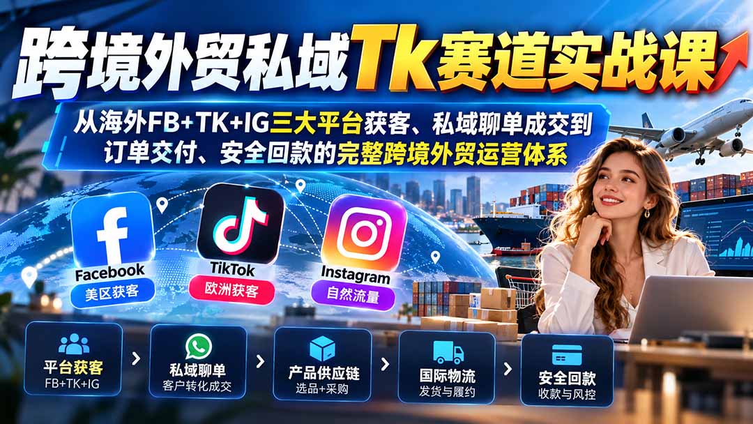跨境外贸私域Tk赛道实战课：从海外FB+TK+IG三大平台获客、私域聊单成交到订单交付、安全回款的完整跨境外贸运营体系-网创之家
