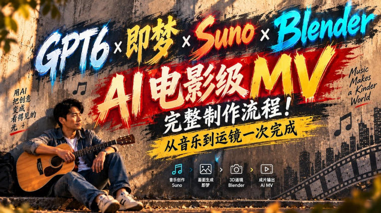 GPT6×即梦×Suno×Blender｜AI电影级MV完整制作流程！从音乐到运镜一次完成！-网创之家