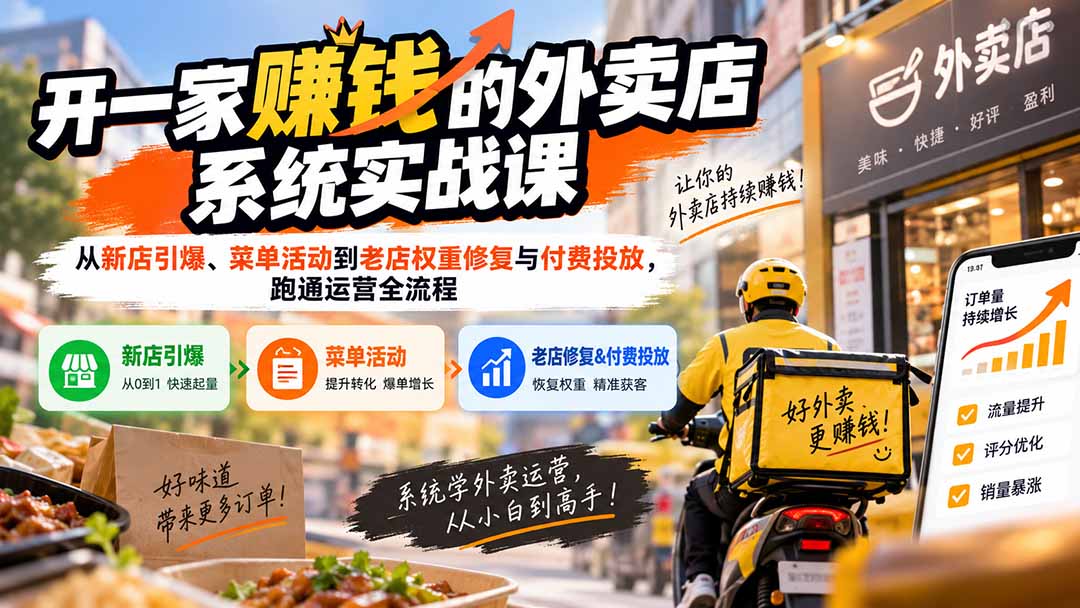 开一家赚钱的外卖店系统实战课：从新店引爆、菜单活动到老店权重修复与付费投放，跑通运营全流程-网创之家