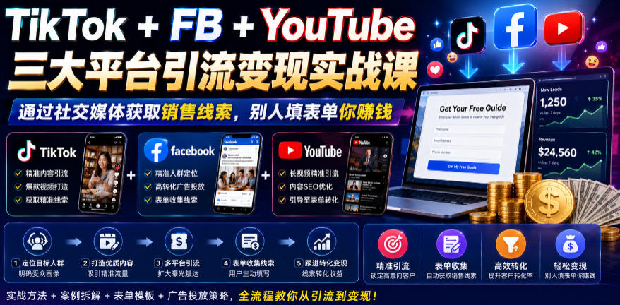 TikTok+FB+YouTube三大平台引流变现实战课，通过社交媒体获取销售线索，别人填表单你賺钱【原创双语字幕】-网创之家