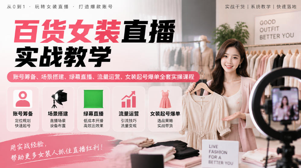 百货女装直播实战教学｜账号筹备、场景搭建、绿幕直播、流量运营、女装起号爆单全套实操课程-网创之家
