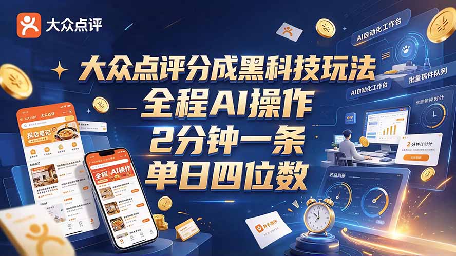 大众点评分成全网独家玩法，AI 全自动出内容，2 分钟一条，小白可冲单日四位数-网创之家