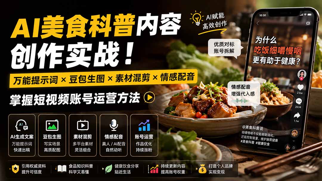 外面卖199元-AI美食科普内容创作实战！万能提示词×豆包生图×素材混剪×情感配音，掌握短视频账号运营方法-网创之家