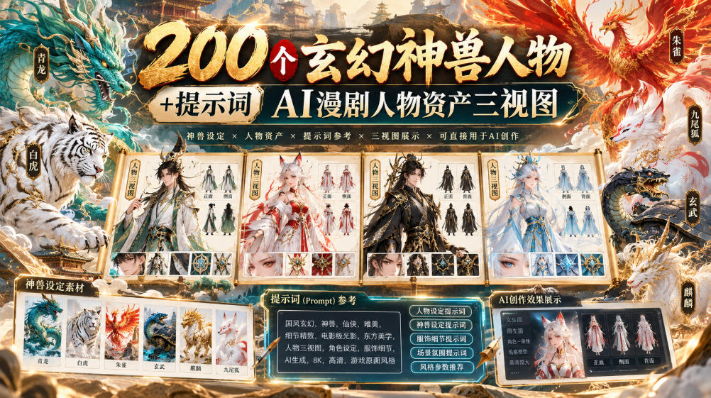200个玄幻神兽人物+提示词ai漫剧人物资产三视图-网创之家