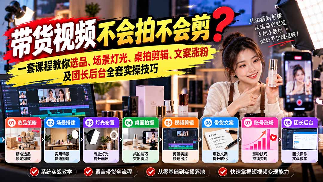 带货视频不会拍不会剪？一套课程教你选品、场景灯光、桌拍剪辑、文案涨粉及团长后台全套实操技巧  复制标题-网创之家