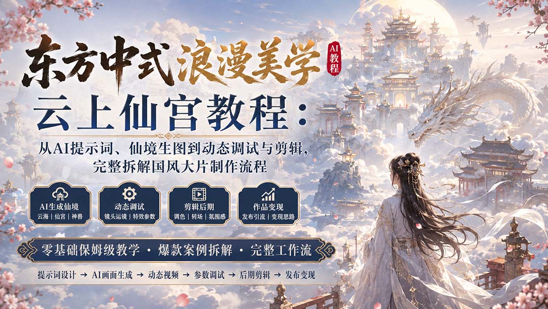 东方中式浪漫美学云上仙宫教程：从AI提示词、仙境生图到动态调试与剪辑，完整拆解国风大片制作流程-网创之家