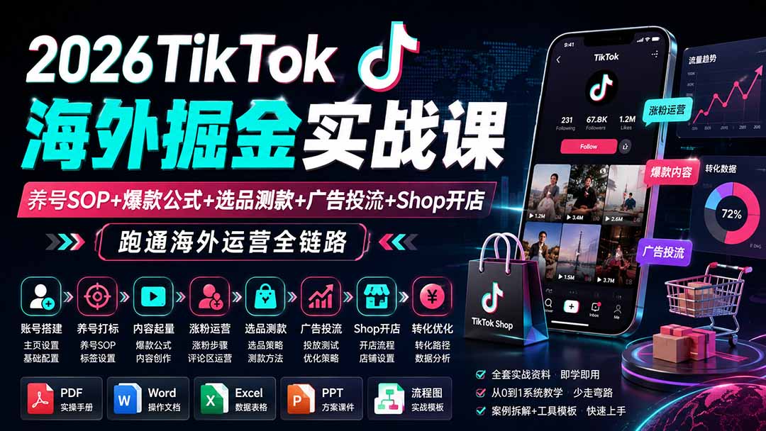 2026TikTok海外掘金实战课——养号SOP+爆款公式+选品测款+广告投流+Shop开店，跑通海外运营全链路-网创之家