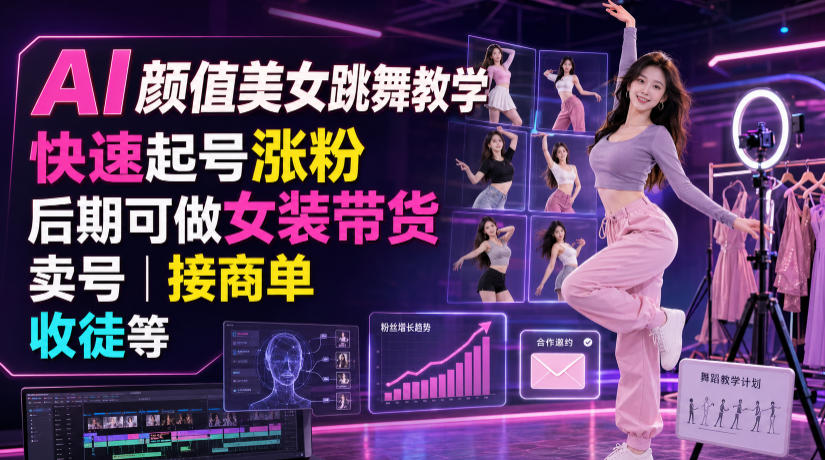 AI颜值美女跳舞教学,快速起号涨粉,后期可做女装带货,卖号,接商单,收徒等-网创之家