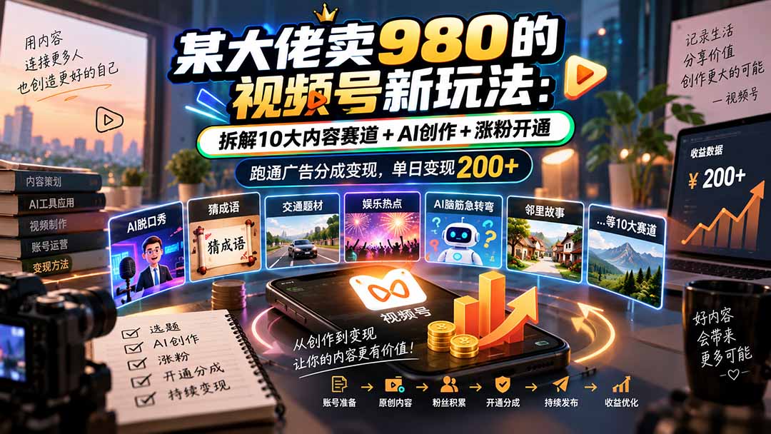 某大佬卖980的视频号新玩法：拆解10大内容赛道+AI创作+涨粉开通，跑通广告分成变现，单日变现200+-网创之家
