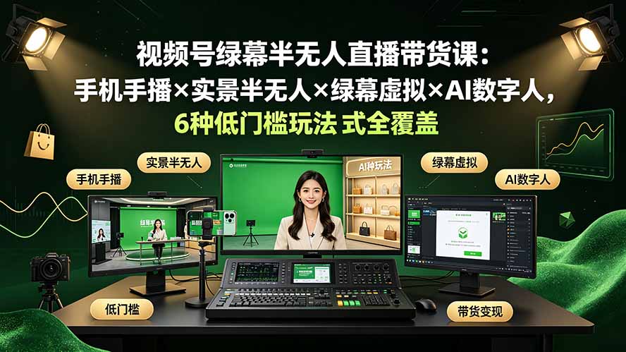 视频号绿幕半无人直播带货课：手机手播×实景半无人×绿幕虚拟×AI数字人，6种低门槛玩法全覆盖-网创之家
