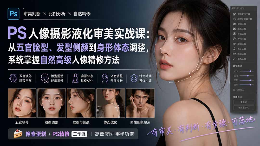 PS人像摄影液化审美实战课：从五官脸型、发型侧颜到身形体态调整，系统掌握自然高级人像精修方法-网创之家