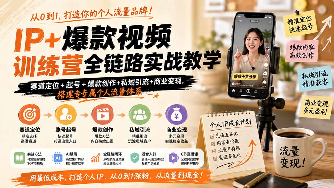 IP+爆款视频训练营全链路实战教学；赛道定位+起号+爆款创作+私域引流+商业变现，搭建专属个人流量体系-网创之家