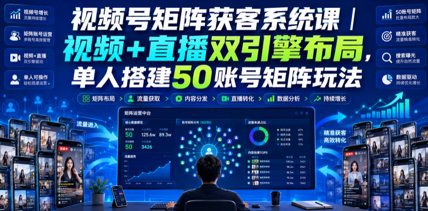 视频号矩阵获客系统课｜视频+直播双引擎布局，单人搭建50账号矩阵玩法，流量入池、搜索占位、全域引流沉淀私域全流程教学-网创之家
