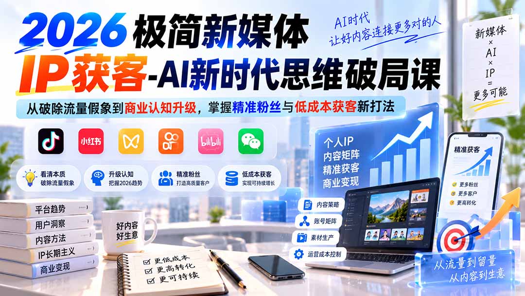 2026极简新媒体IP获客-AI新时代思维破局课：从破除流量假象到商业认知升级，掌握精准粉丝与低成本获客新打法-网创之家