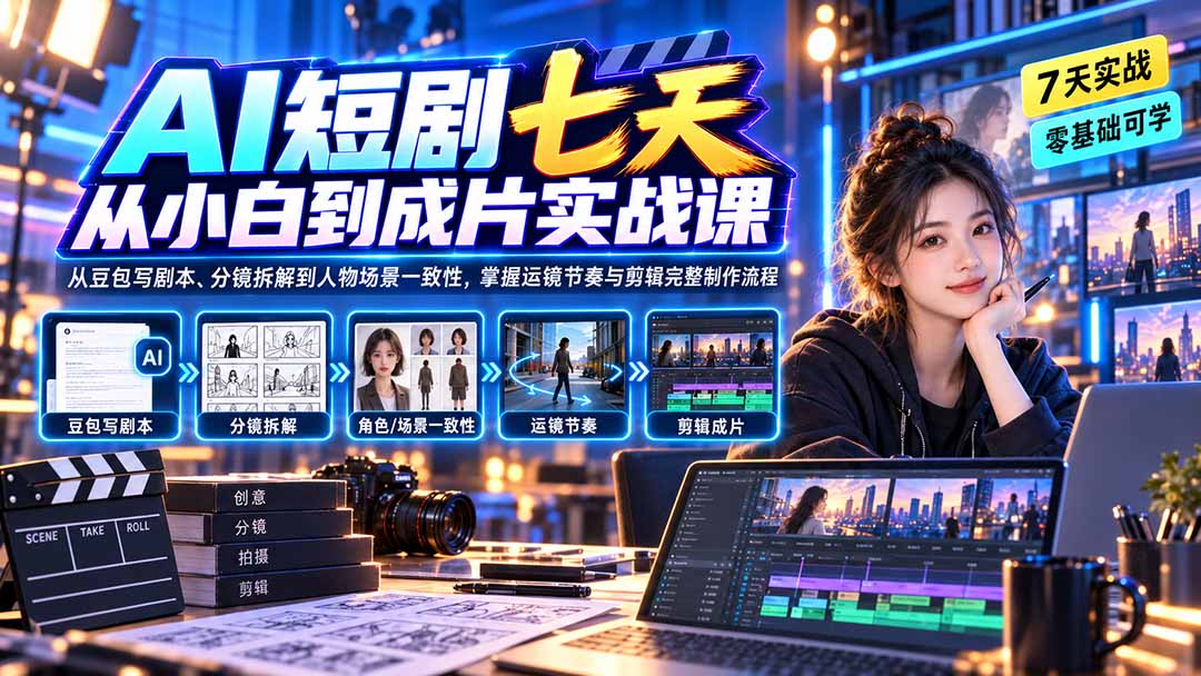 AI短剧七天从小白到成片实战课：从豆包写剧本、分镜拆解到人物场景一致性，掌握运镜节奏与剪辑完整制作流程-网创之家