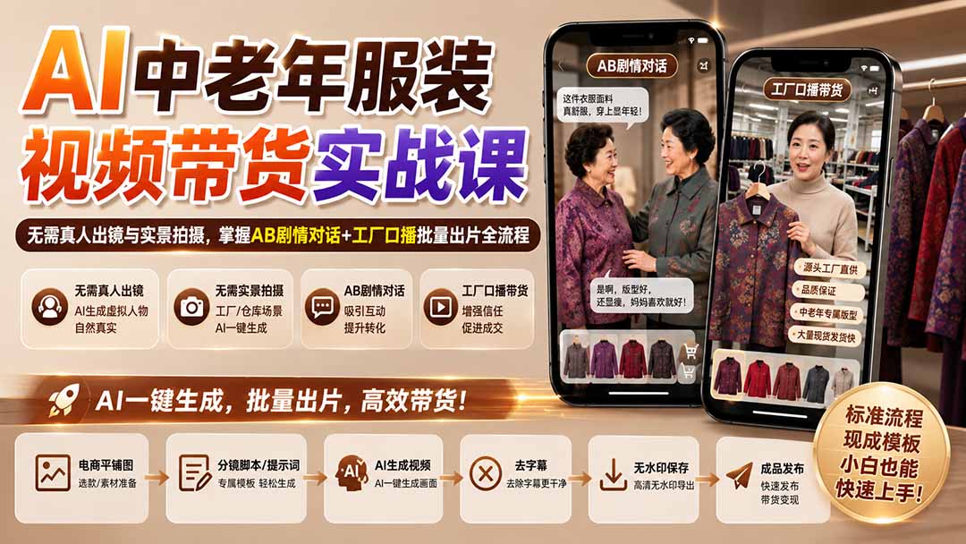 AI中老年服装视频带货实战课：无需真人出镜与实景拍摄，掌握AB剧情对话+工厂口播批量出片全流程-网创之家
