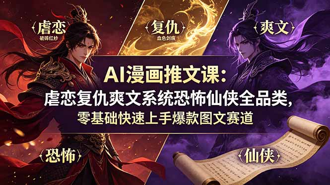 AI漫画推文课：虐恋复仇爽文系统恐怖仙侠全品类，零基础快速上手爆款图文赛道-网创之家