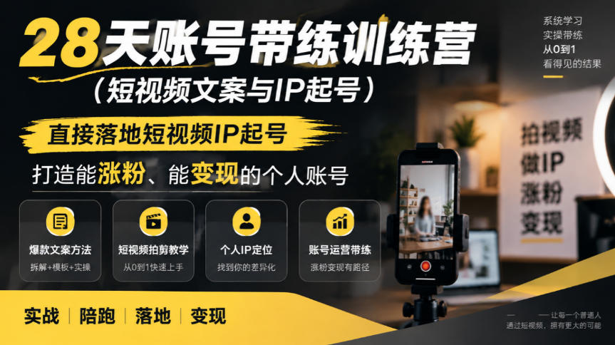 28天账号带练训练营(短视频文案与IP起号)，直接落地短视频IP起号，打造能涨粉、能变现的个人账号-网创之家