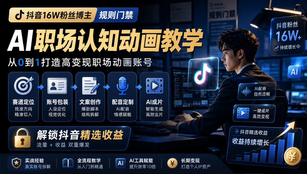 抖音16W粉丝博主规则门禁的AI职场认知动画教学，从赛道定位、账号包装，到文案创作、配音定制、AI成片，解锁抖音精选收益-网创之家