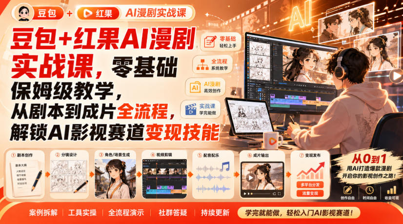 豆包+红果AI漫剧实战课，零基础保姆级教学，从剧本到成片全流程，解锁AI影视赛道变现技能-网创之家