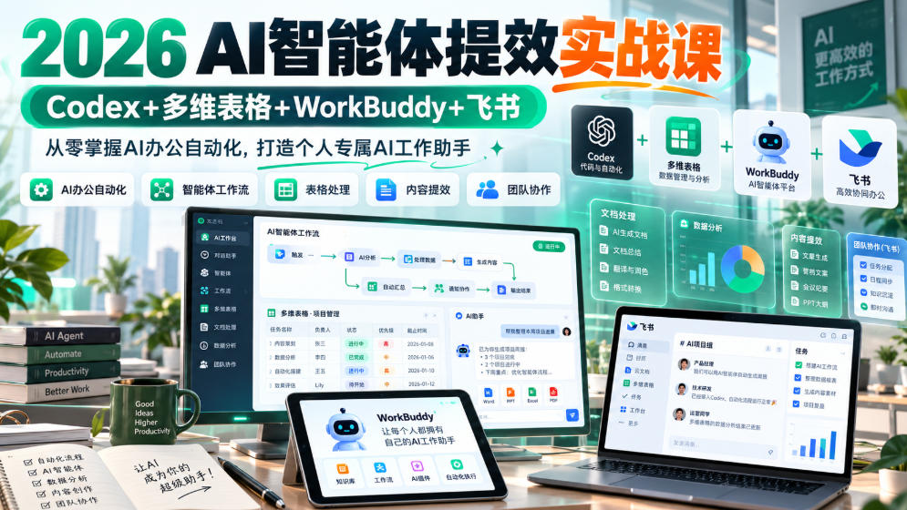 2026 AI智能体提效实战课：Codex+多维表格+WorkBuddy+飞书，从零掌握AI办公自动化，打造个人专属AI工作助手-网创之家
