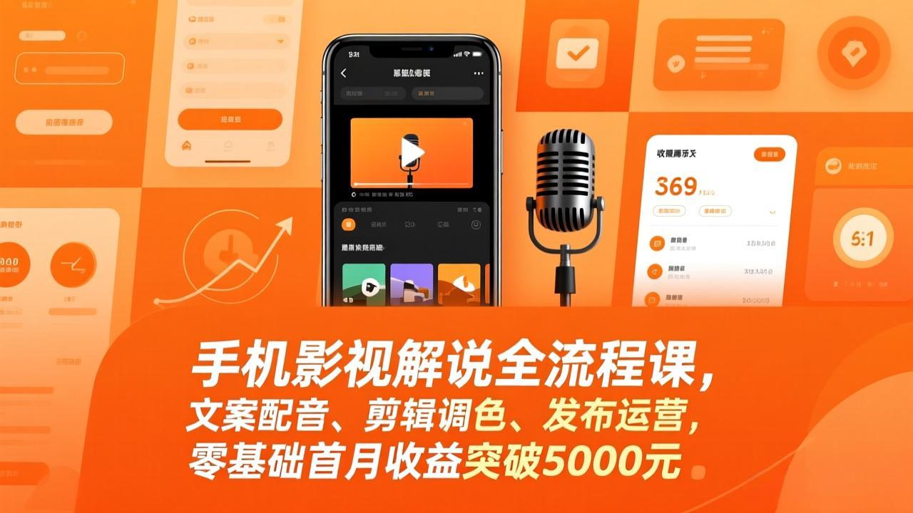 手机影视解说全流程课，文案配音、剪辑调色、发布运营，零基础首月收益突破5000元-网创之家