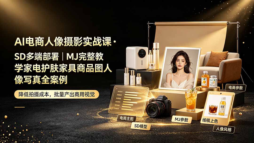 AI电商人像摄影实战课·SD多端部署｜MJ完整教学｜家电护肤家具商品图人像写真全案例-网创之家