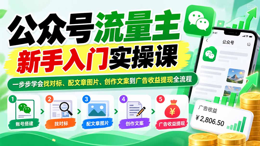 公众号流量主新手入门实操课：一步步学会找对标、配文章图片、创作文案到广告收益提现全流程-网创之家