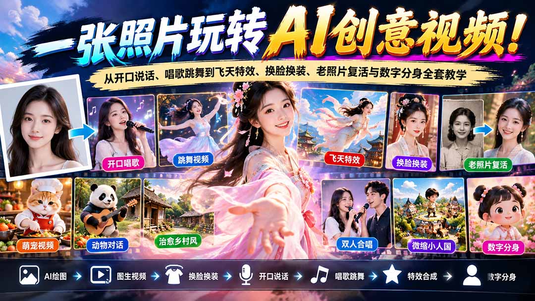一张照片玩转AI创意视频！从开口说话、唱歌跳舞到飞天特效、换脸换装、老照片复活与数字分身全套教学-网创之家