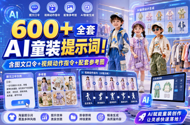 600+全套AI童装提示词！含图文口令+视频动作指令+配套参考图，Word-Excel规整分类，童装电商、种草无脑量产内容！-网创之家