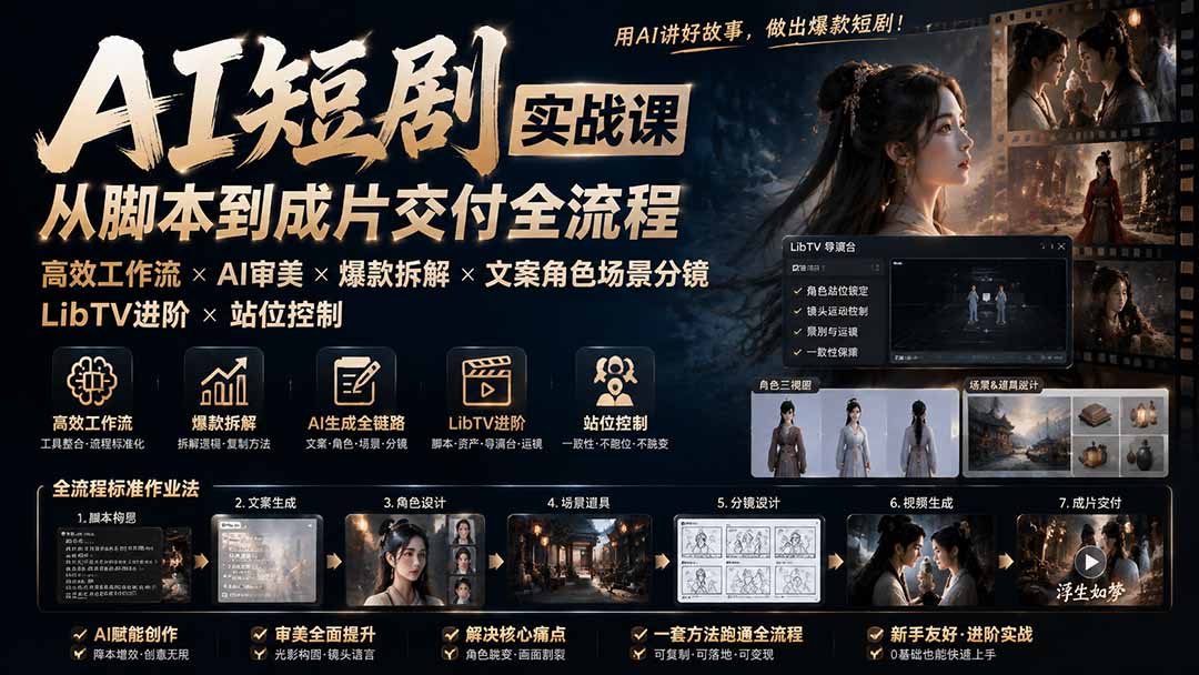 AI短剧实战课：高效工作流×AI审美×爆款拆解×文案角色场景分镜×LibTV进阶×站位控制×从脚本到成片交付全流程-网创之家