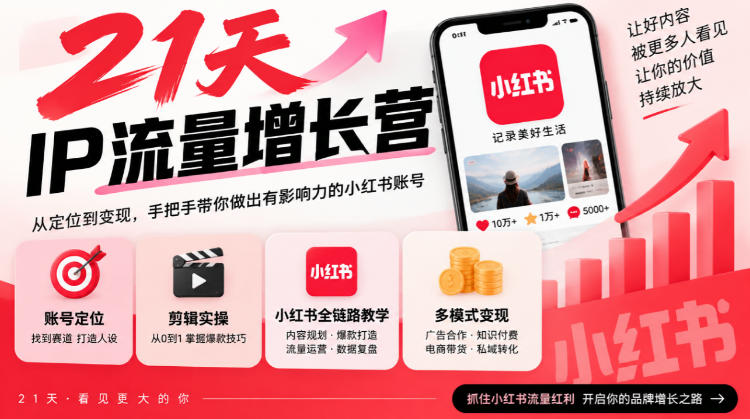 21天IP流量增长营，小红书全链路教学，账号定位剪辑实操，多模式变现系统课-网创之家